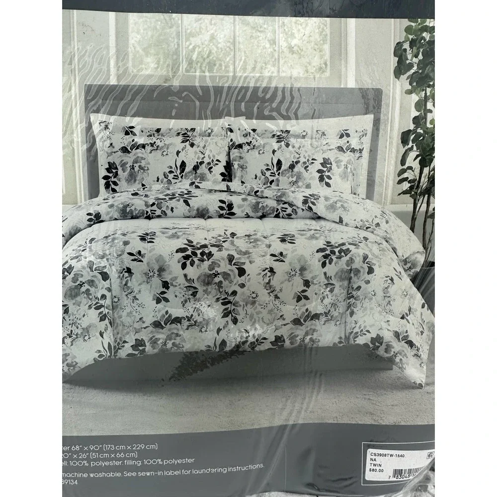 Pem America, Black and White 2-Pc. Floral-Print Twin Comforter Set